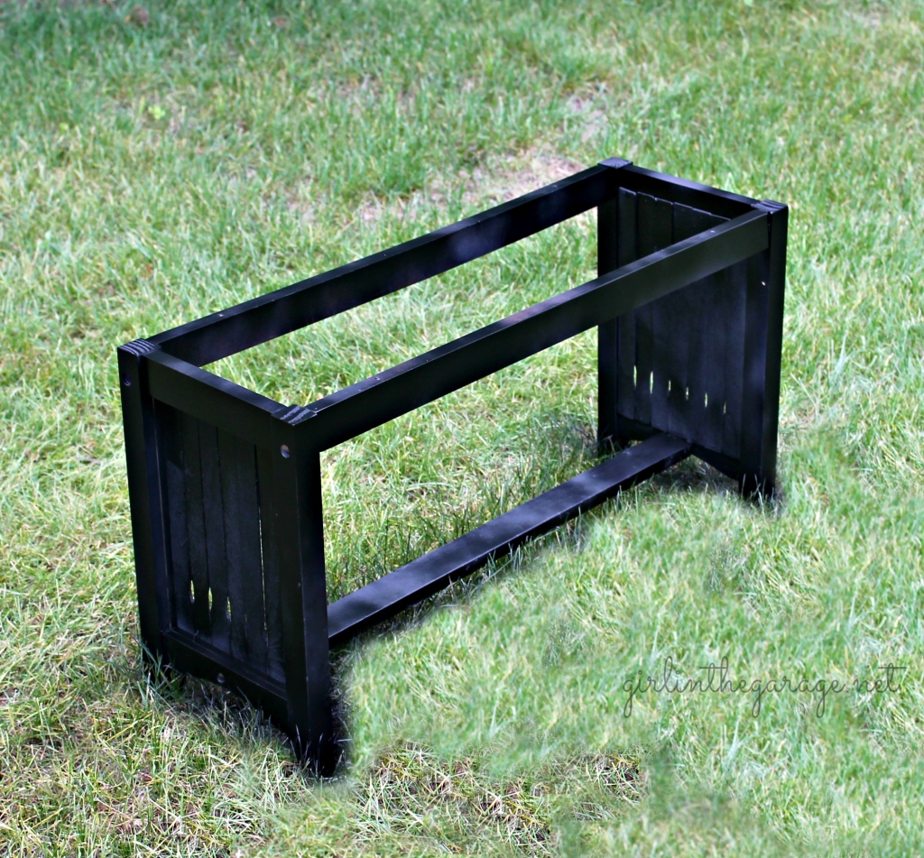 French Bench Makeover: An old yard sale bench gets new life with spray paint, burlap, and paint stirrers!  girlinthegarage.net