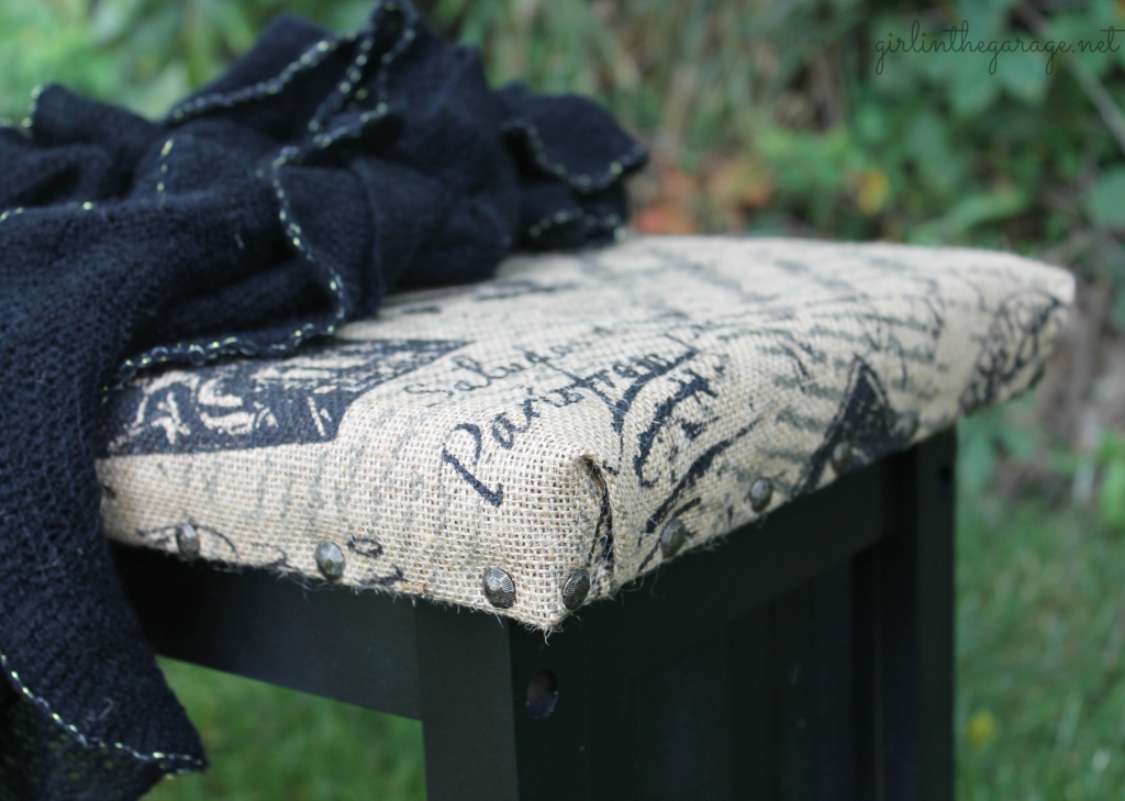 French Bench Makeover: An old yard sale bench gets new life with spray paint, burlap, and paint stirrers!  girlinthegarage.net
